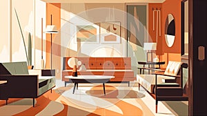 Vintage style illustration of elegant, sophisticated design of retro living room. AI generated.