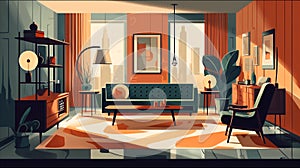 Vintage style illustration of elegant, sophisticated design of retro living room. AI generated.