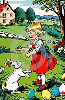 A vintage-style illustration, a girl is playing with Easter bunnies on a background of nature.