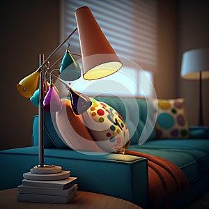 Vintage Style Illustration of Modern Lamp In Living Room