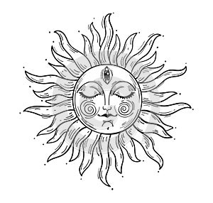 Vintage style illustration, sun with a face, stylized drawing, engraving. Mystical element for design in boho style