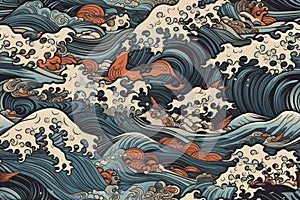 A vintage style japanese crashing wave background. Seamless pattern. Generative ai