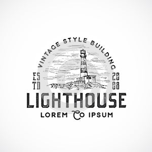 Vintage Style Lighthouse Abstract Vector Sign, Symbol or Logo Template. Searchlight Tower Landscape Sketch Drawing with