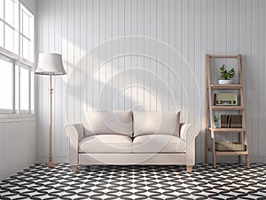 Vintage style living room with black and white pattern floor 3d render