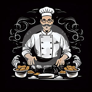 Vintage Style Male Chef Cooking Food With Moustache