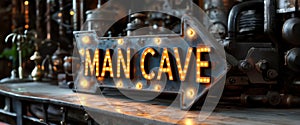 Vintage Man Cave Sign Illuminated with Industrial Lights in Retro Arrow Design photo
