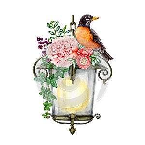 Vintage style metal lantern with garden flowers and robin bird decor. Watercolor illustration. Hand painted old garden