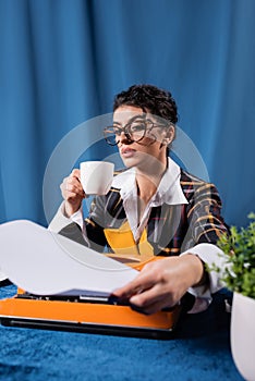 vintage style newswoman with coffee cup