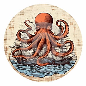 Vintage Style Octopus Sailing Ship Print Stamp Kraken Illustration