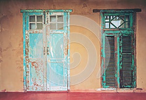 Vintage style old aged house door and window