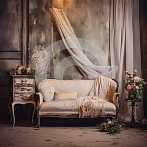 Vintage style photo studio with old IKEA furniture, grunge wall with paintin and plants in boho style photo