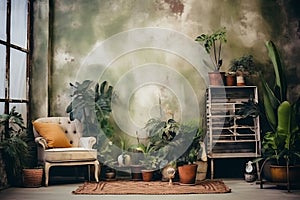 Vintage style photo studio with old IKEA furniture, grunge wall with paintin and plants in boho style photo