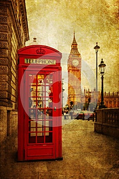 Vintage style picture of a phone box and Big Ben in London