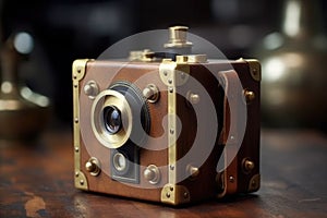 vintage-style pinhole camera with brass details