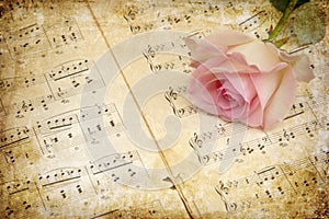 Vintage style, pink rose with music notes