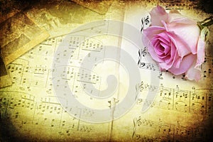 Vintage style, pink rose and notes