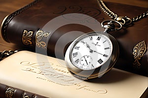 Vintage Style Pocket Watch with Delicate Engraving Resting on an Aged Leather-Bound Journal: Sepia-Toned Elegance