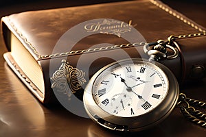 Vintage Style Pocket Watch with Delicate Engraving Resting on an Aged Leather-Bound Journal: Sepia-Toned Elegance