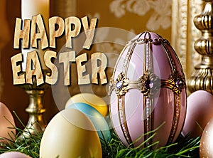 A vintage style postcard with a table set for Easter. The table is set with a tablecloth and decorated with colored Easter eggs