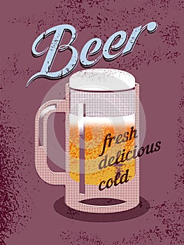 Vintage style poster with a beer mug. Retro vector beer poster.