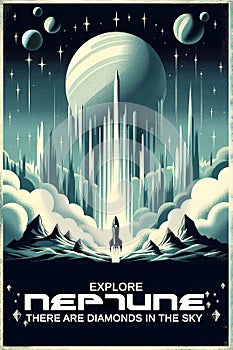 Vintage style poster inviting to explore Neptune