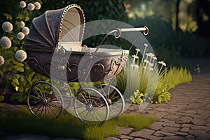 Vintage style pram or stroller in garden, antique theme