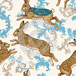 Vintage Style Rabbits and Ornate Scrollwork Pattern
