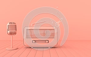 Vintage style radio receiver and microphone. Pastel colors.  Retro radio and mic realistic 3d render. Music lover minimalistic