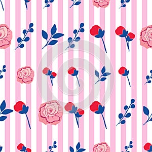Vintage style roses seamless pattern on striped background