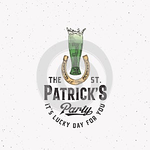 Vintage Style Saint Patricks Day Logo or Label Template. Hand Drawn Beer Glass in a Horseshoe Sketch Symbols with Retro