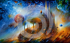 vintage style science fiction space abstract painting with an alien structure with planets and glowing clouds in the sky.