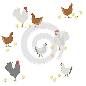 Vintage style seamless pattern of chicken. Easter Texture with hens, chicks and roosters. Hand drawn vector illustration