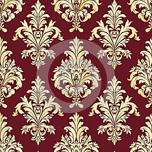 Vintage-style seamless pattern with ornate damask motifs in deep red and gold, suitable for luxury wallpapers or elegant