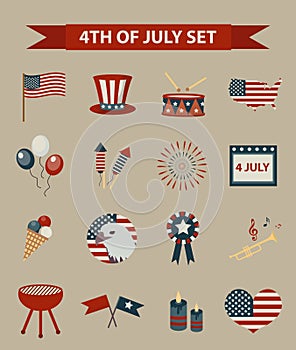 Vintage style set of patriotic icons Independence Day of America. July 4th collection of design elements, on