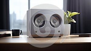 Vintage Style Silver And Gray Speakers On Wooden Desk