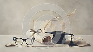 Vintage-style still life of graduation items including a cap, diploma with ribbon, and round glasses on a draped cloth