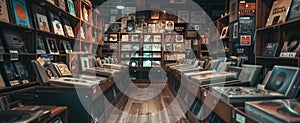 Vintage style stock photo of a classic vinyl record store, rows