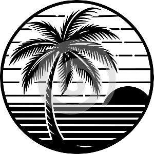 Vintage style sunset palm tree vector illustration.