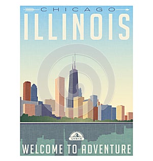 Vintage style travel poster of chicago Illinois skyline photo