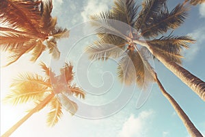 Vintage style tropical beach and palm trees viewed from below with blue sky, summer background