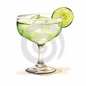 Vintage Style Watercolor Margarita With Lime And Ice