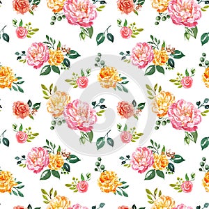 Vintage style watercolour floral seamless pattern. Hand painted pink and yellow flowers on white background. Shabby chic.