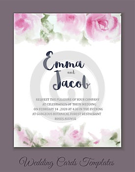 Vintage style Wedding Invitation pink roses watercolor hand draw