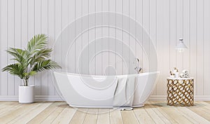 Vintage style white bathroom with empty plank wall 3d render