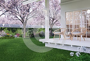 Vintage style white house terrace with flower garden view 3d render