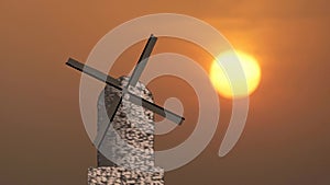 Vintage style wind mill against golden red sunset animation video