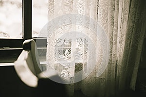 Vintage style of windows with sun shading curtain for memory missing