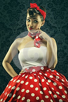 Vintage style - Woman looks interesting, in polka dots clothes