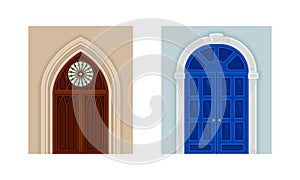 Vintage style wooden closed doors set. Classic faacades architactural design vector illustration