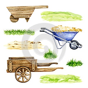 Vintage style wooden and metal barrow set. Barrow and wheel cart watercolor illustration set. Hand drawn farm and garden